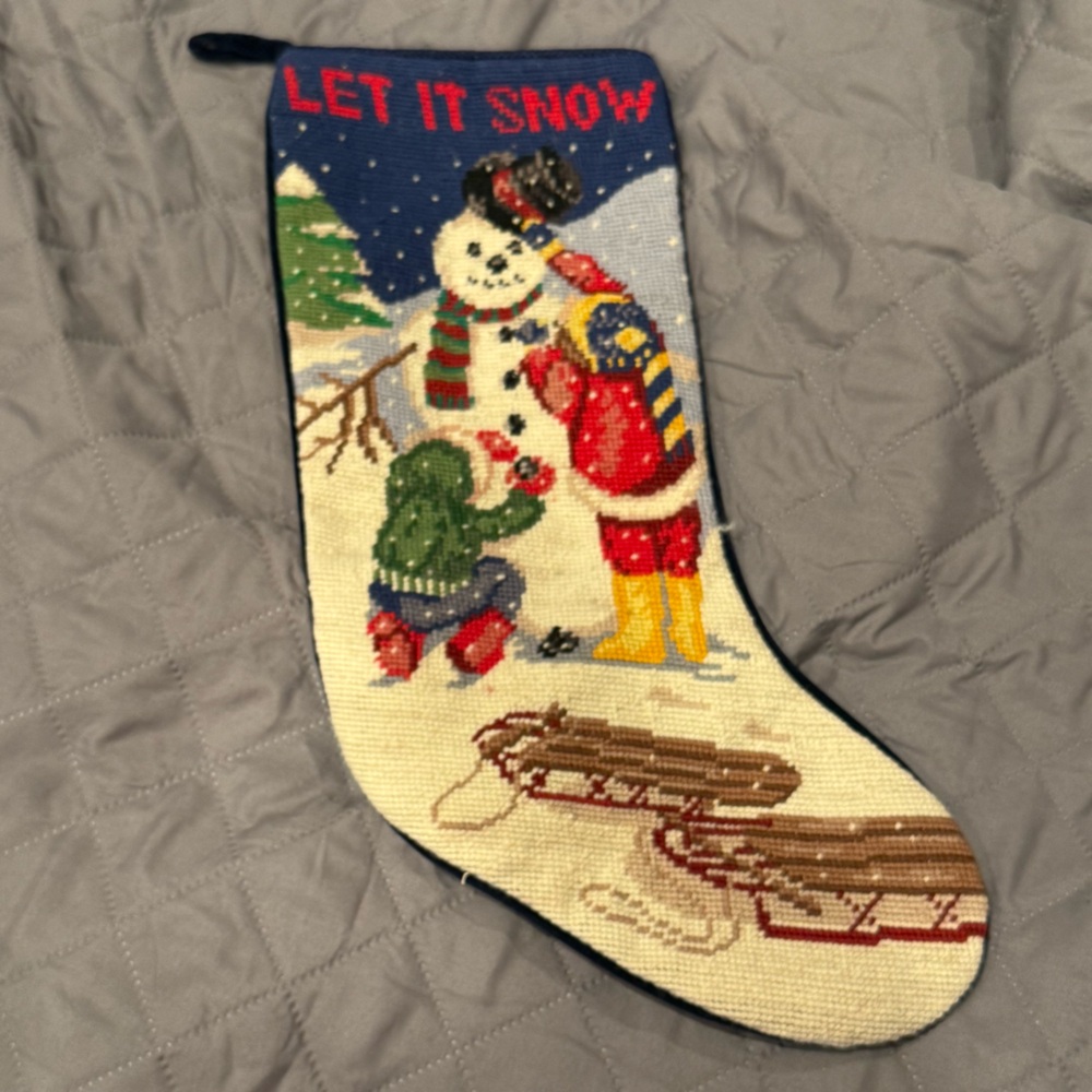 Vtg Snowman Children Winter Yarn Needlepoint Christmas Stocking Navy Velvet